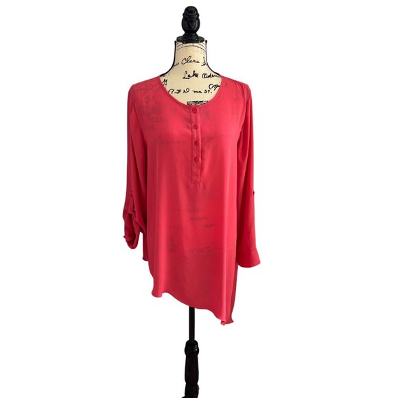 Chico's Asymmetrical Hem Sheer Dark Peach Tunic Top Sz 2 US Large Roll Tab Sleev - Picture 1 of 8